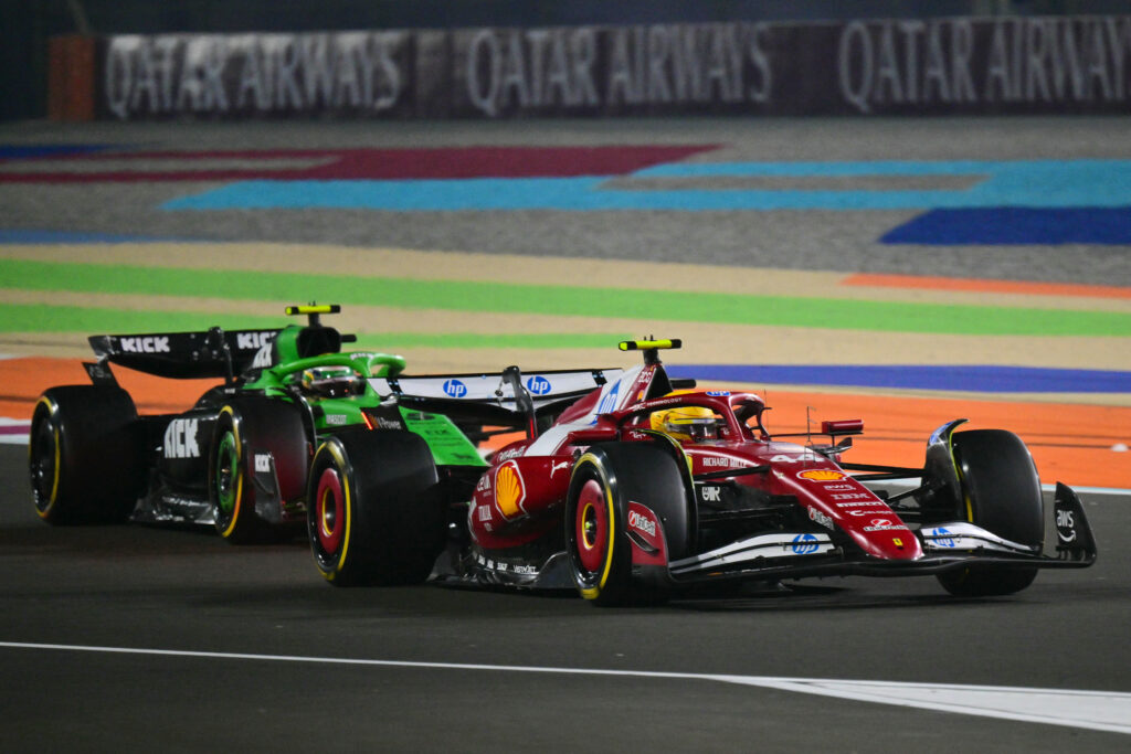Ferrari driver Lewis Hamilton racing Sauber driver Gabriel Bortoleto at the 2025 Formula 1 Qatar Grand Prix