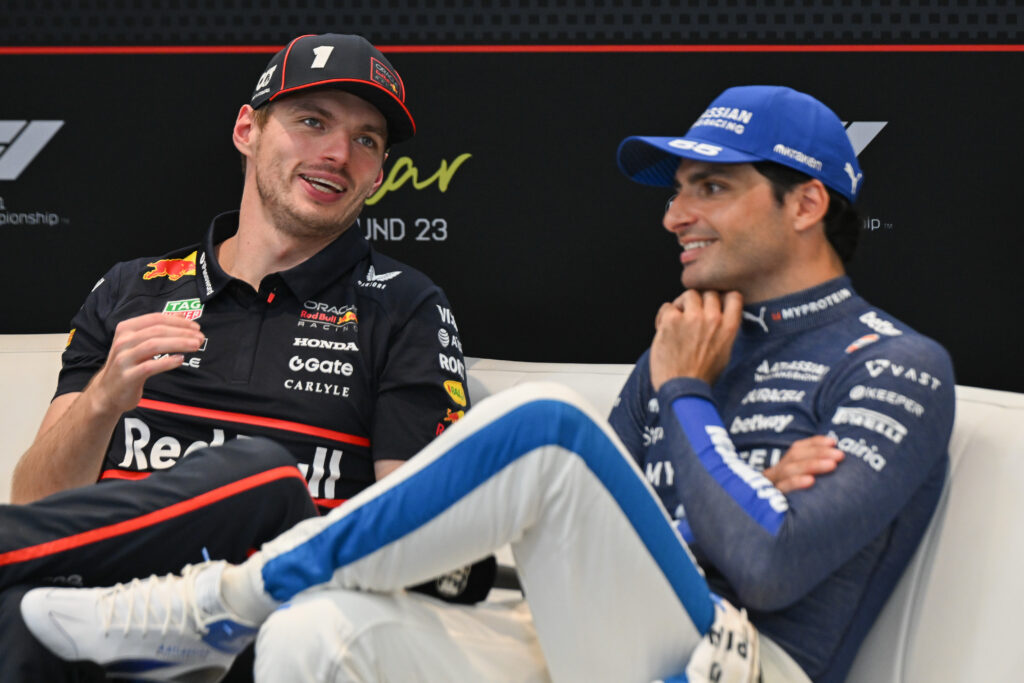 Red Bull driver Max Verstappen and Williams driver Carlos Sainz speaking in a press conference after the 2025 Formula 1 Qatar Grand Prix