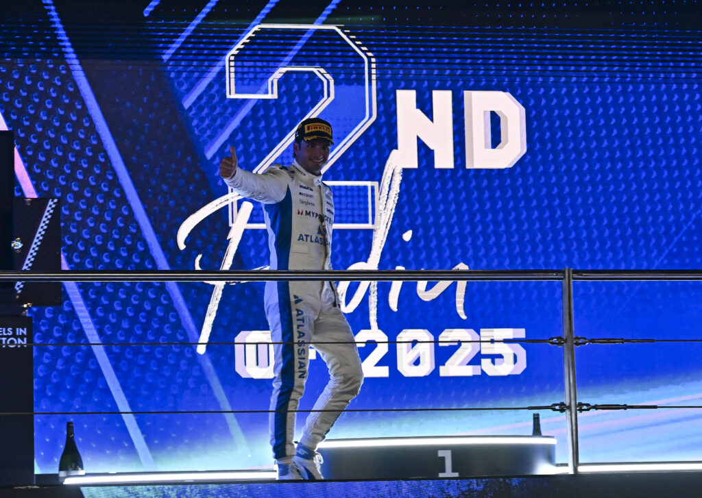 Williams driver Carlos Sainz on the podium at the 2025 Formula 1 Qatar Grand Prix