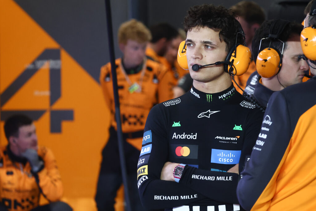 McLaren driver Lando Norris watching on from the garage at the 2025 Formula 1 Qatar Grand Prix