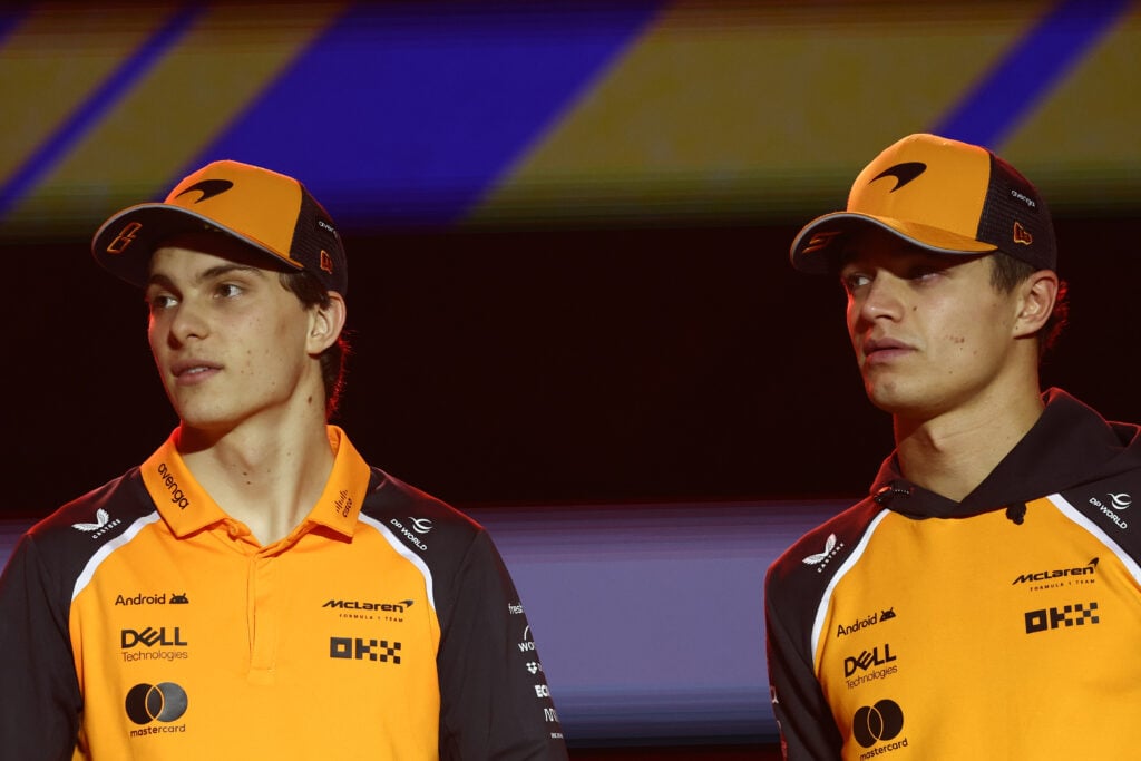 McLaren drivers Oscar Piastri and Lando Norris at an event ahead of the 2025 F1 Qatar Grand Prix