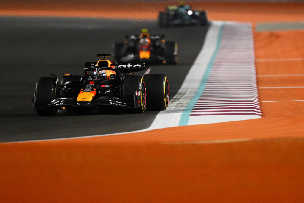 Max Verstappen leads Red Bull teammate Yuki Tsunoda during the Sprint race at the 2025 Qatar Grand Prix