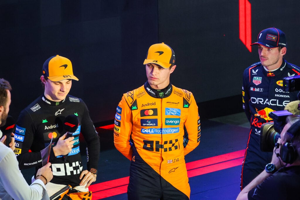 Oscar Piastri, Lando Norris and Max Verstappen speak after qualifying at the 2025 Qatar Grand Prix