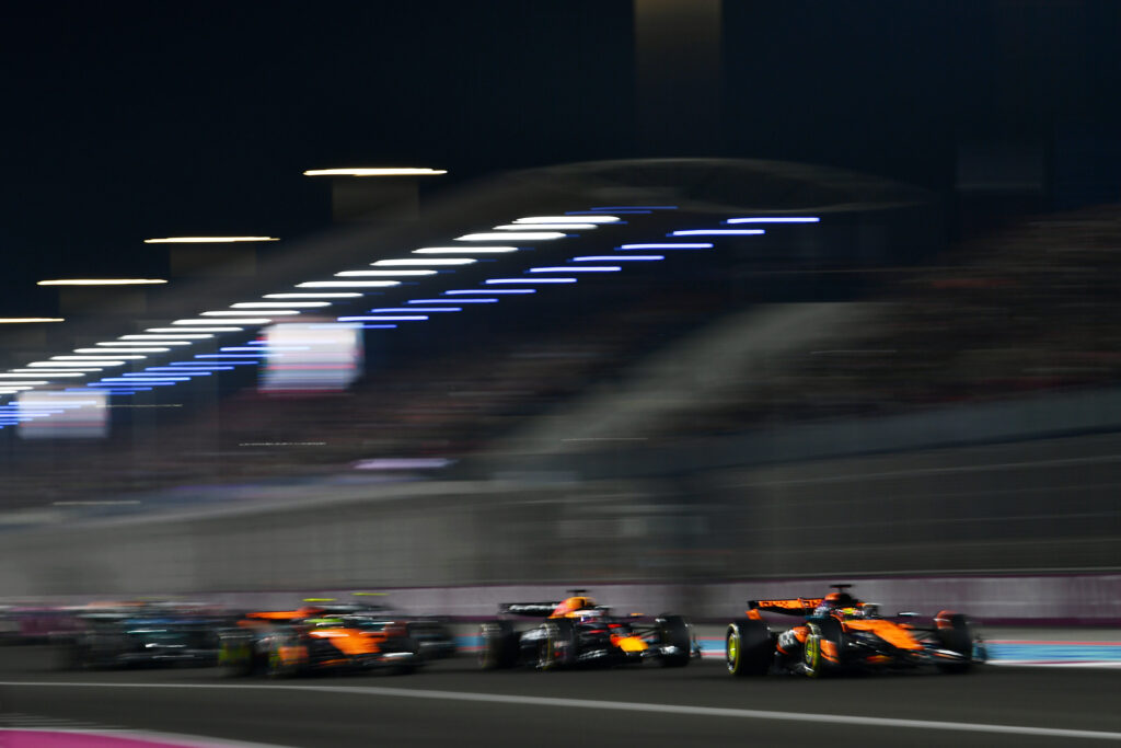 Oscar Piastri leads Max Verstappen and Lando Norris at the start of the 2025 F1 Qatar Grand Prix