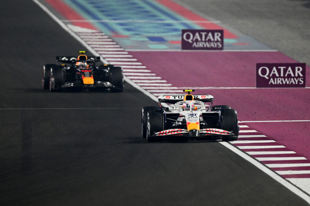 Racing Bulls driver Liam Lawson leading Red Bull driver Yuki Tsunoda at the 2025 Formula 1 Qatar Grand Prix