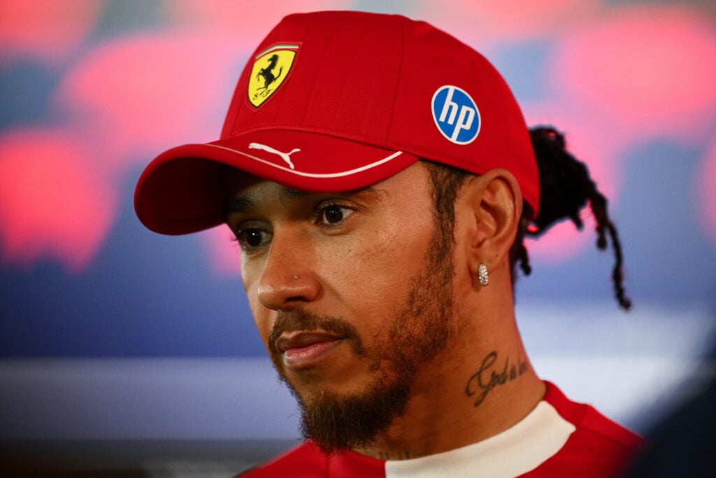 Ferrari driver Lewis Hamilton in the media pen at the 2025 Formula 1 Qatar Grand Prix