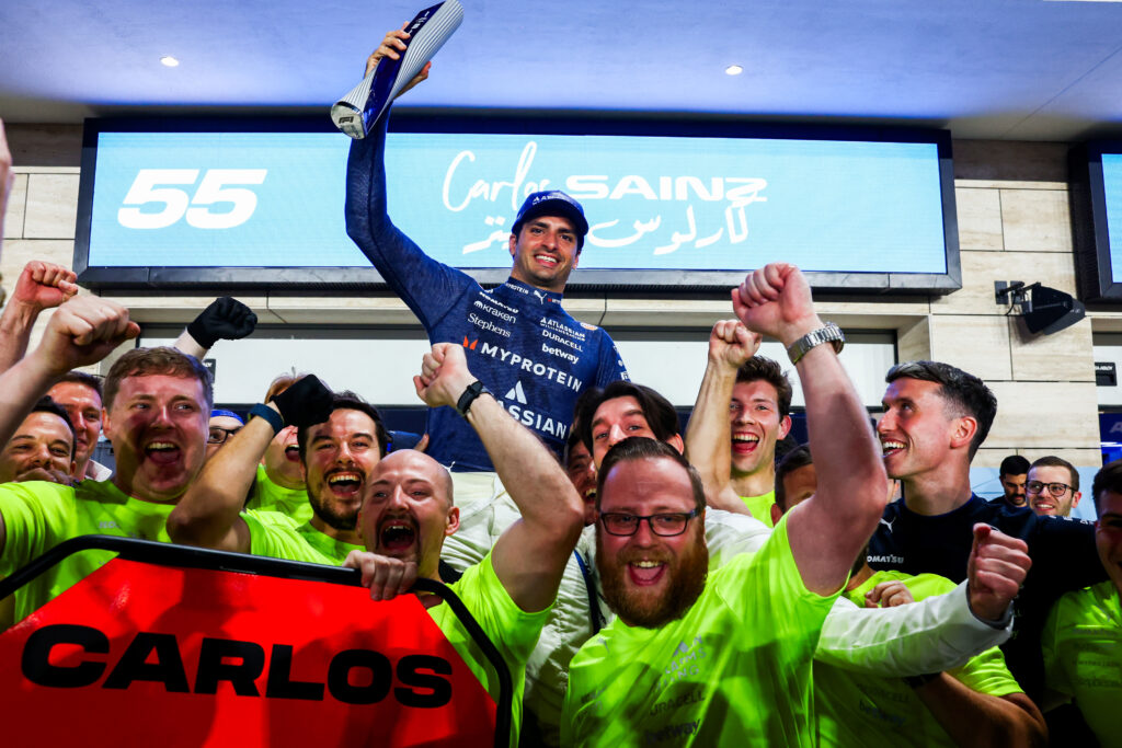 Williams driver Carlos Sainz celebrating with his team at the 2025 Formula 1 Qatar Grand Prix