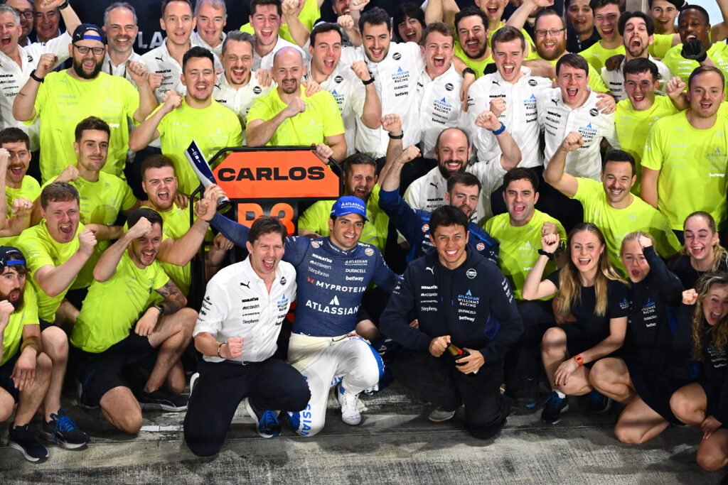 Williams F1 team celebrate with Carlos Sainz after finishing third at the 2025 Qatar Grand Prix