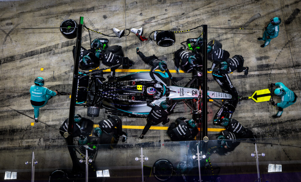 An overhead photo of Mercedes driver George Russell during a pit stop at the 2025 Formula 1 Qatar Grand Prix