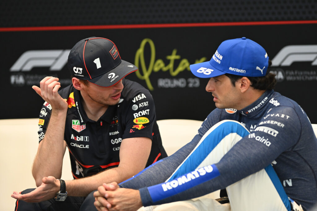 Red Bull driver Max Verstappen and Williams driver Carlos Sainz speaking in a press conference at the 2025 Formula 1 Qatar Grand Prix