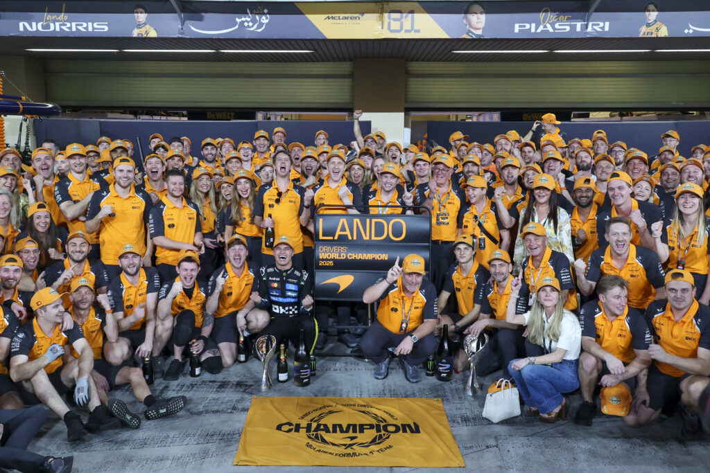 The McLaren team celebrating Lando Norris' title win after the 2025 Formula 1 Abu Dhabi Grand Prix