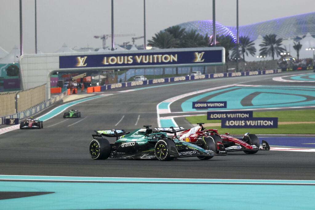Ferrari driver Charles Leclerc on track with Aston Martin's Lance Stroll during the 2025 F1 Abu Dhabi Grand Prix