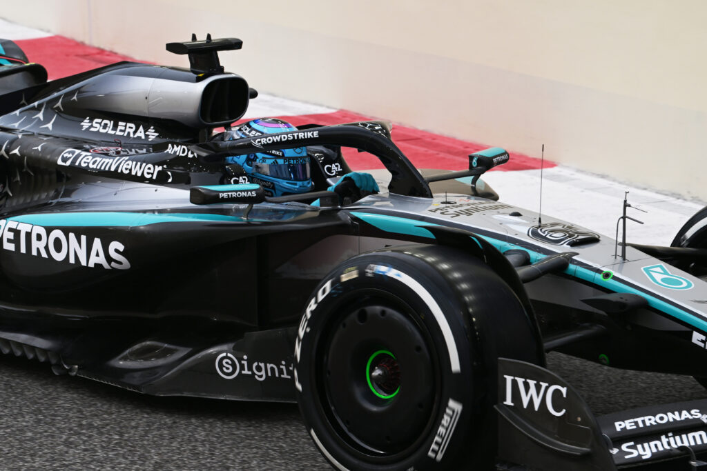 Mercedes driver George Russell leaves the pit lane during practice at the 2025 Abu Dhabi Grand Prix