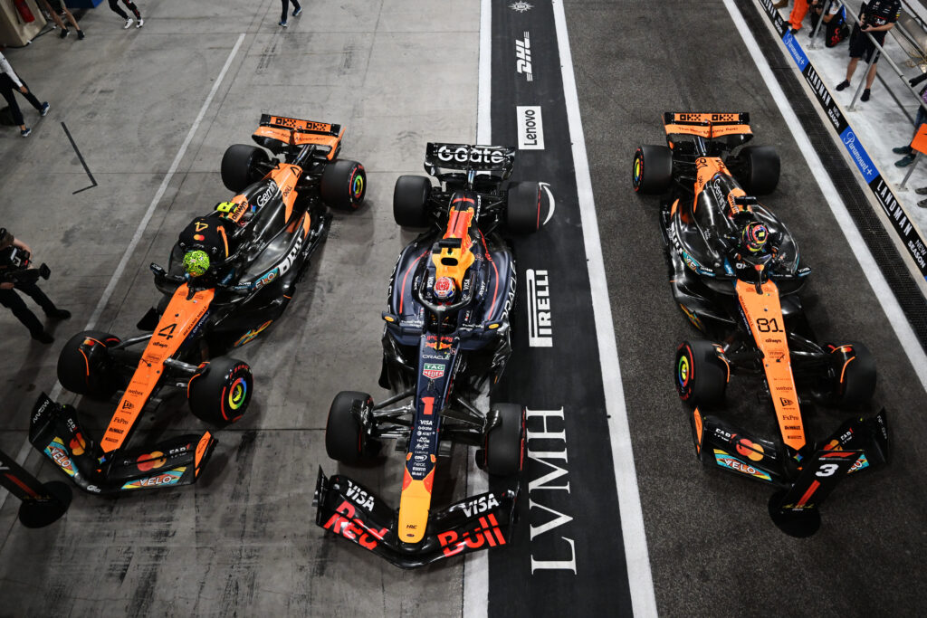 Max Verstappen, Lando Norris and Oscar Piastri in parc ferme after qualifying at the 2025 Abu Dhabi Grand Prix