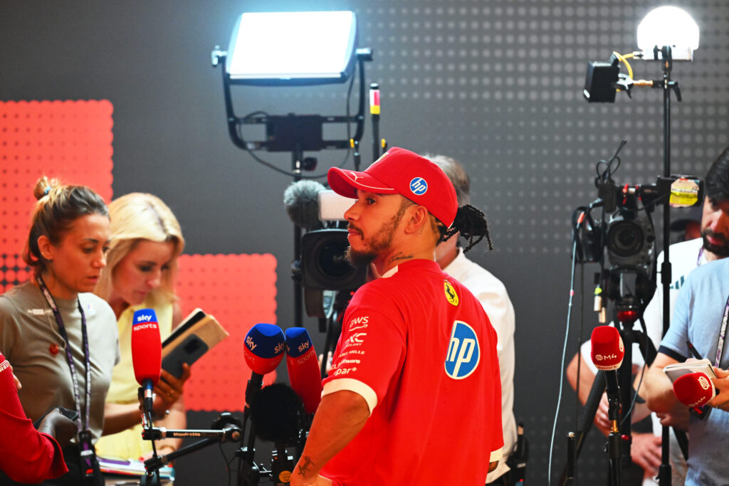 Ferrari driver Lewis Hamilton in the media pen at the 2025 Formula 1 Abu Dhabi Grand Prix