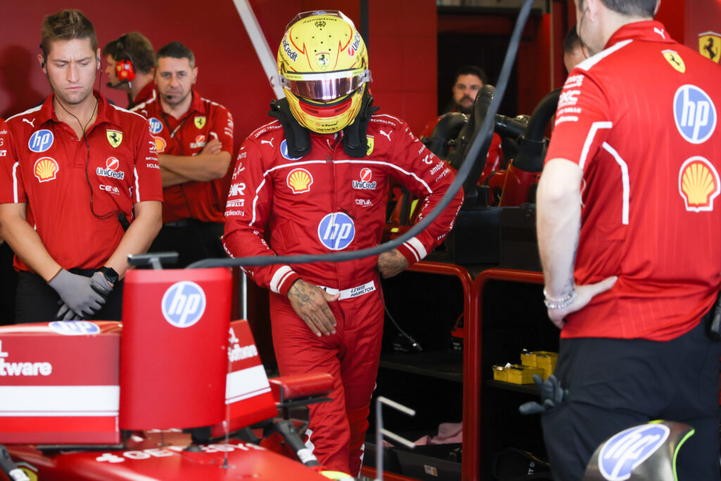 Lewis Hamilton in the Ferrari garage during 2025 post-season testing in Abu Dhabi