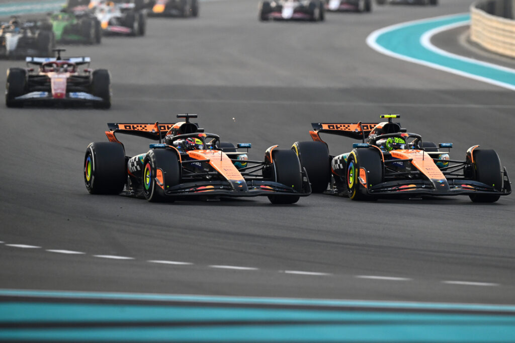 Oscar Piastri overtakes McLaren teammate Lando Norris during the 2025 Abu Dhabi Grand Prix