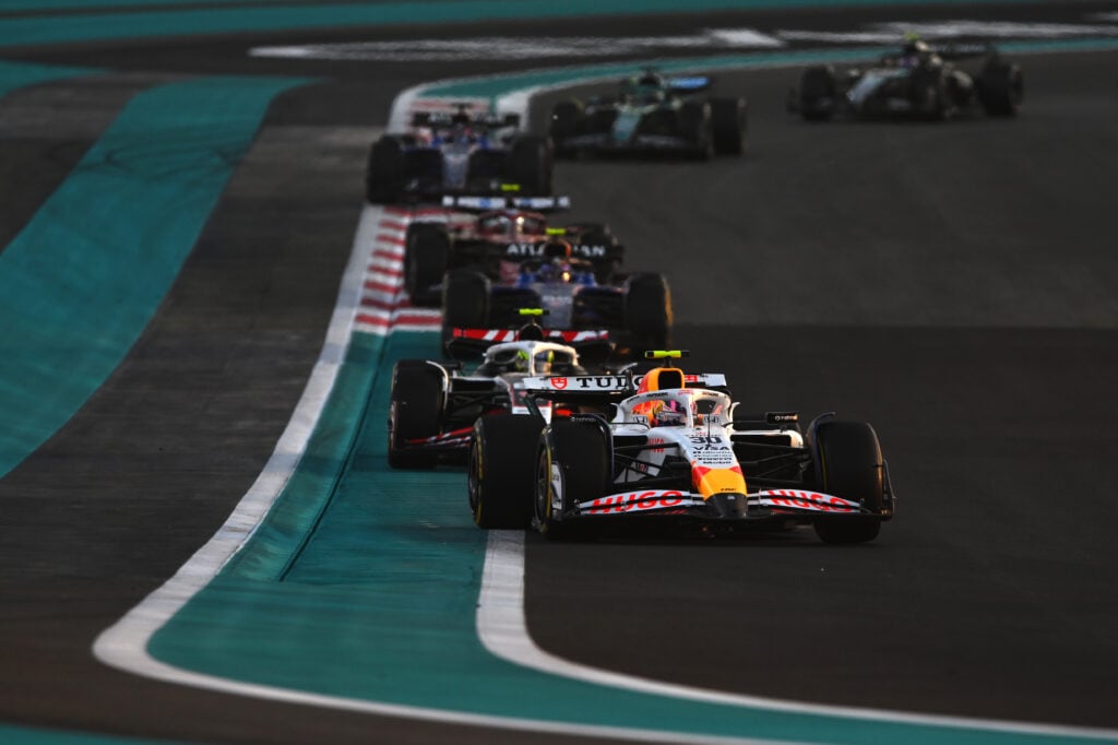 Racing Bulls driver Liam Lawson racing against Oliver Bearman at the 2025 Formula 1 Abu Dhabi Grand Prix