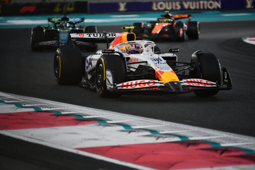 Liam Lawson leads Lance Stroll and Lando Norris during the 2025 Abu Dhabi Grand Prix