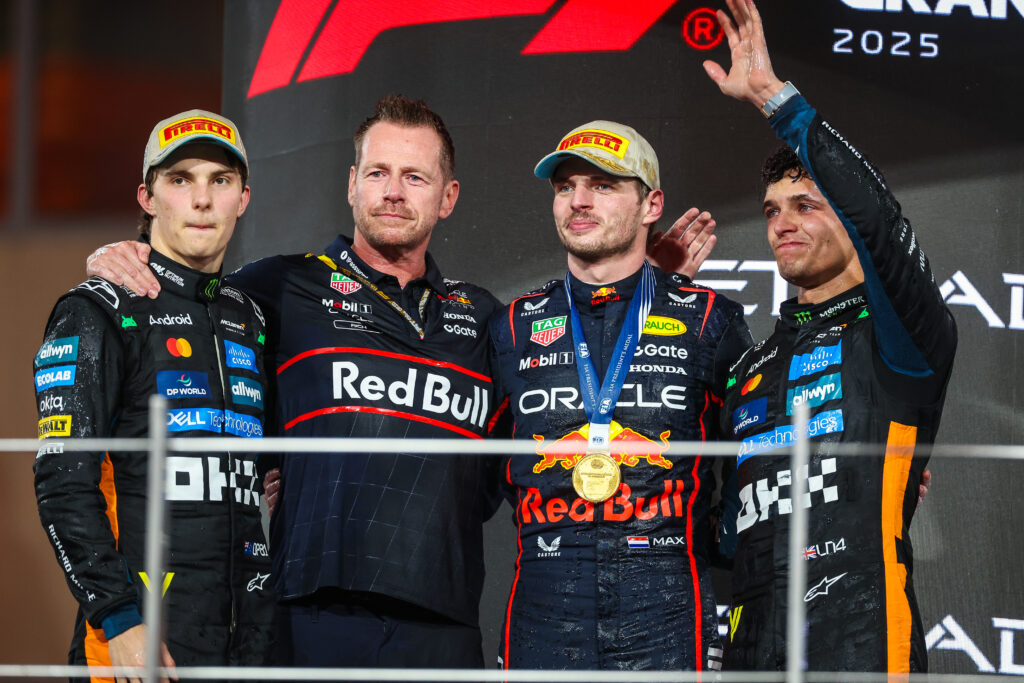 Oscar Piastri, Max Verstappen and Lando Norris on the podium at the 2025 Formula 1 Abu Dhabi Grand Prix