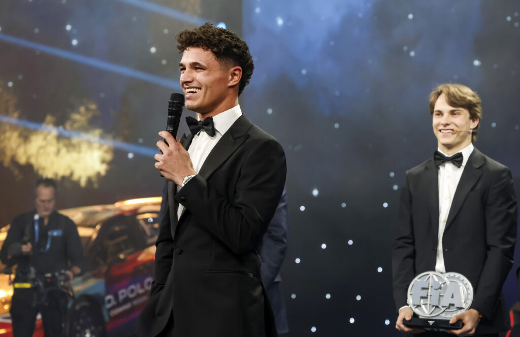 Lando Norris and Oscar Piastri of McLaren at the 2025 FIA Awards ceremony