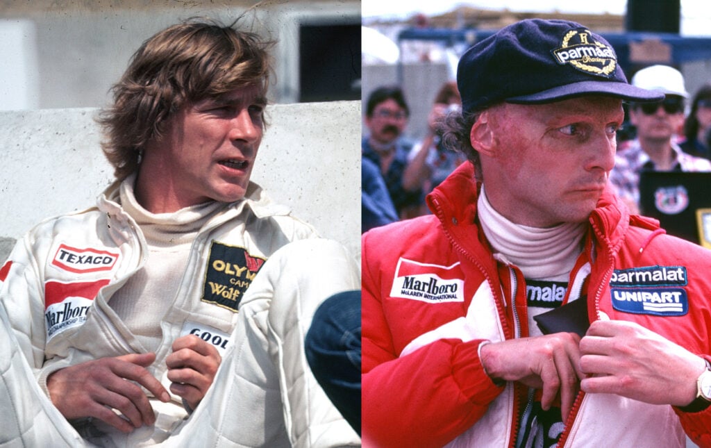 A photo of James Hunt sitting down side by side with a photo of Niki Lauda walking through the F1 pitlane.