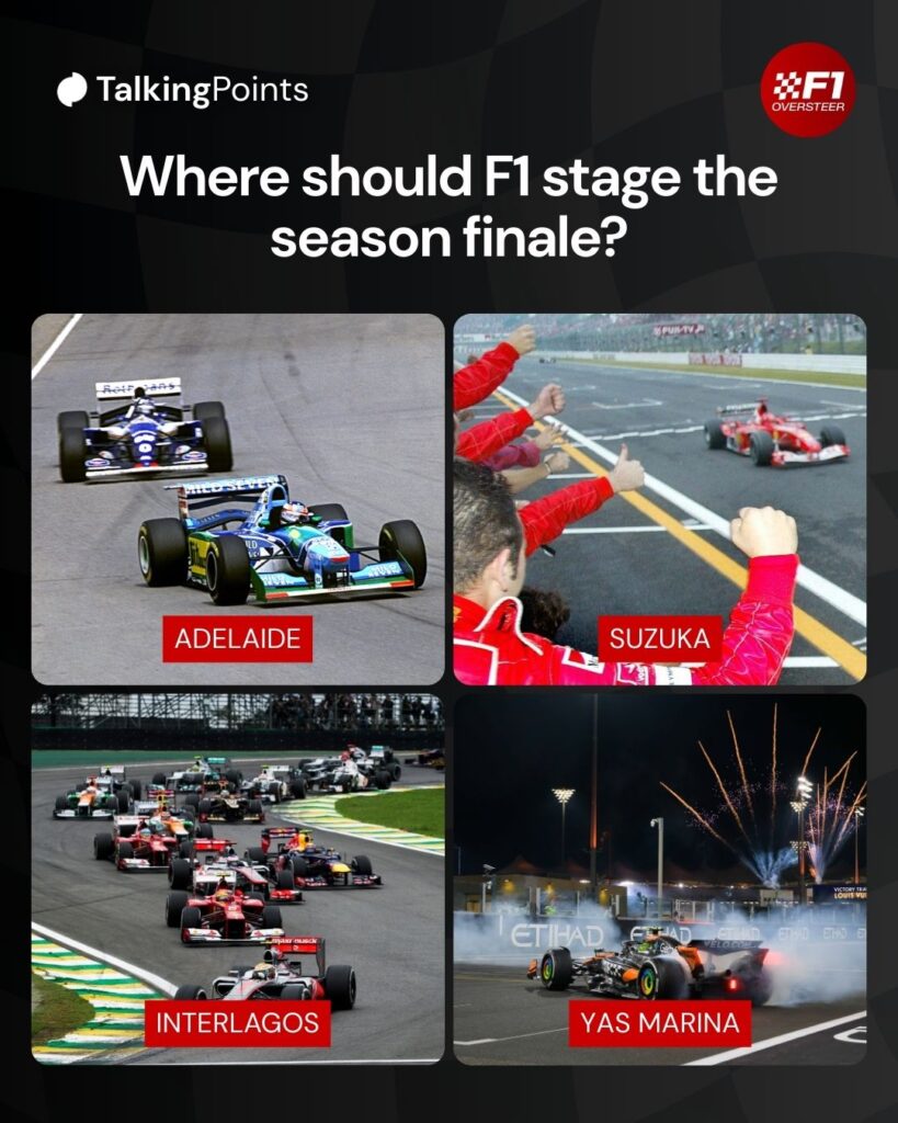 A compilation of the F1 season finales at Adelaide 1994, Suzuka 2003, Interlagos 2012 and Yas Marina 2025