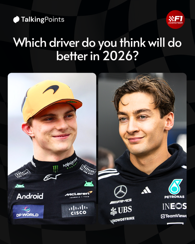 Graphic which asks 'which driver do you think will do better in 2026?' and images of both Oscar Piastri of McLaren and George Russell of Mercedes smiling off camera