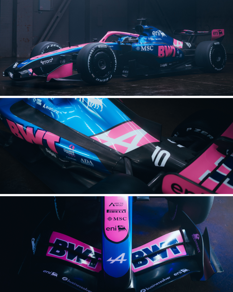 Graphic of Alpine's new F1 car from three different angles.