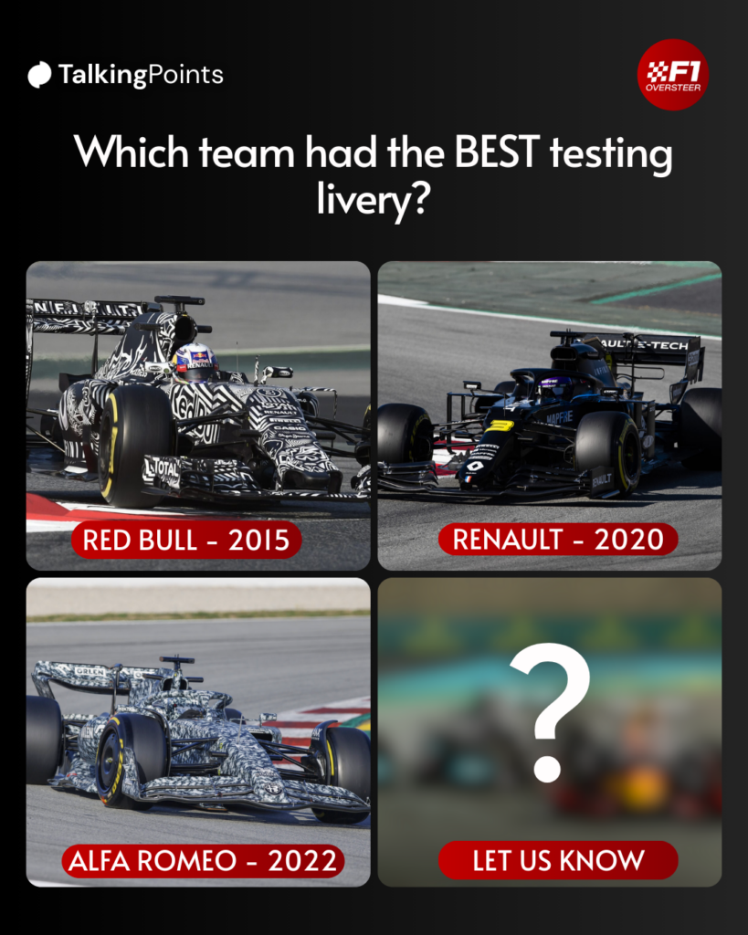 Graphic which shows three F1 testing liveries and a blurred image asking fans to tell us their favourite