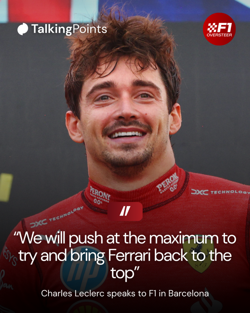 Graphic which shows Charles Leclerc after winning the 2024 Italian Grand Prix and a quote about Ferrari in 2026