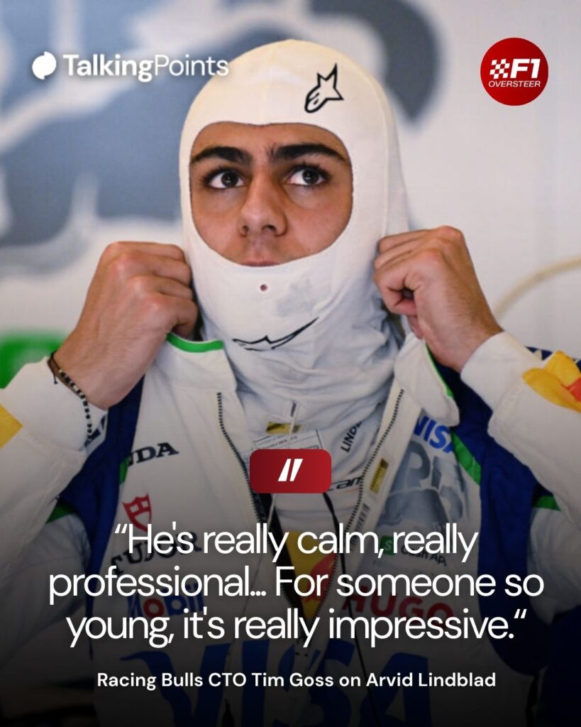 Arvid Lindblad putting his balaclava on in the Racing Bulls garage at an F1 test.
