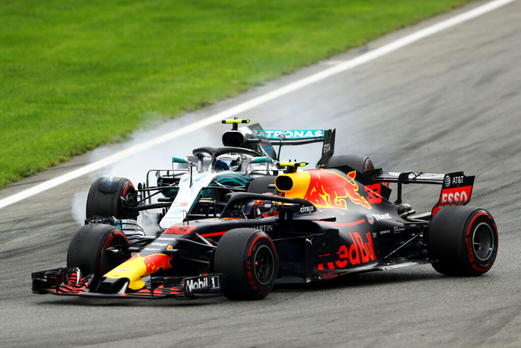 Valtteri Bottas locking up into turn one at the 2018 Italian Grand Prix with Max Verstappen alongside him.