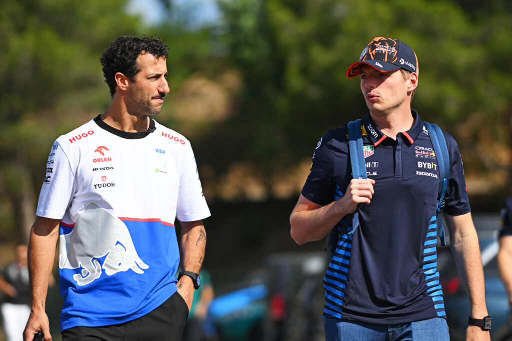 Daniel Ricciardo and Max Verstappen walking into the paddock at the 2024 Spanish Grand Prix