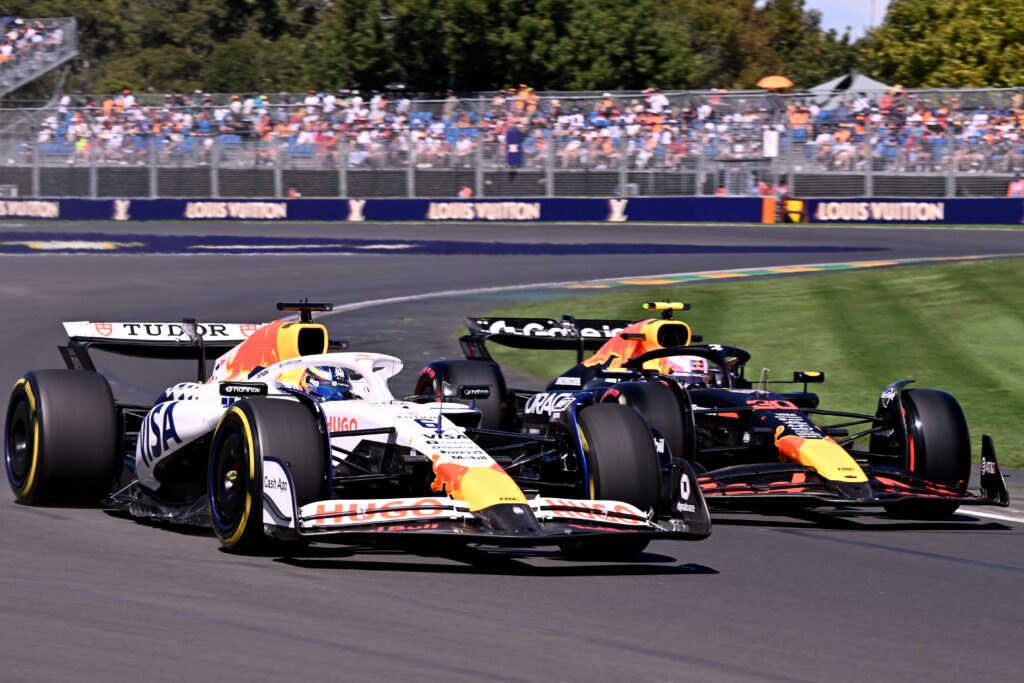 Racing Bulls driver Isack Hadjar on track with Red Bull's Liam Lawson during practice at the 2025 F1 Australian Grand Prix