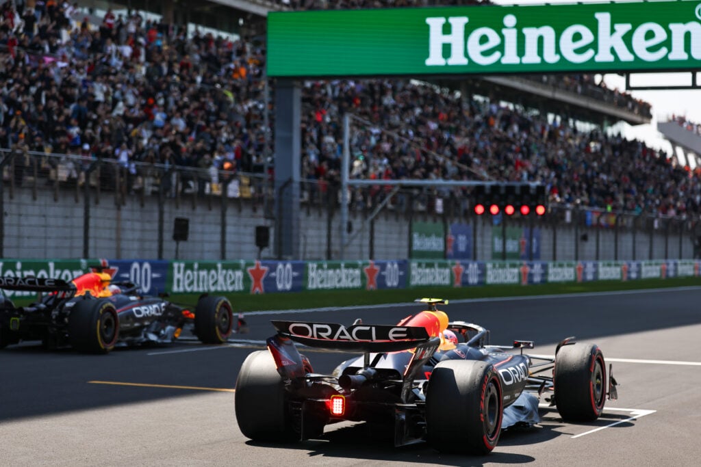 Liam Lawson and Max Verstappen of Red Bull do practice starts at the 2025 F1 Chinese Grand Prix