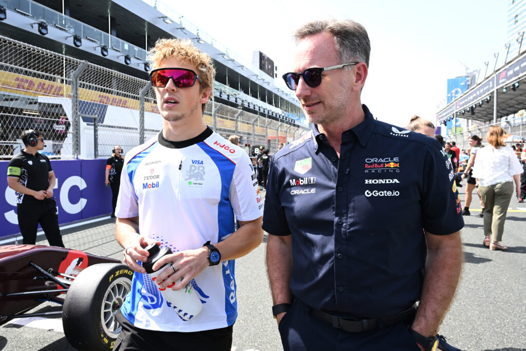 Red Bull team principal Christian Horner with Racing Bulls driver Liam Lawson on the F1 Academy grid at the 2025 Azerbaijan Grand Prix