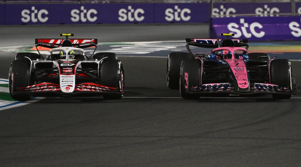 Oliver Bearman of Haas battles on track with Alpine's Jack Doohan during the 2025 F1 Saudi Arabian Grand Prix