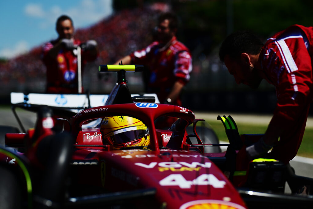 Ferrari driver Lewis Hamilton sitting in his car at the 2025 Formula 1 Emilia Romagna Grand Prix