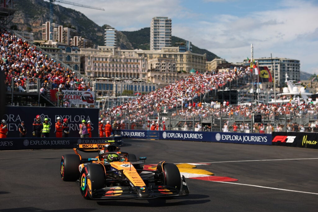 Lando Norris at the wheel of his McLaren F1 car during the 2025 Monaco Grand Prix.