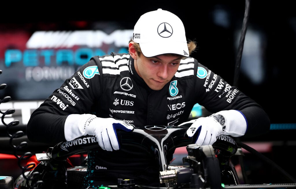 Mercedes driver Andrea Kimi Antonelli getting into his car at the 2025 Formula 1 Spanish Grand Prix