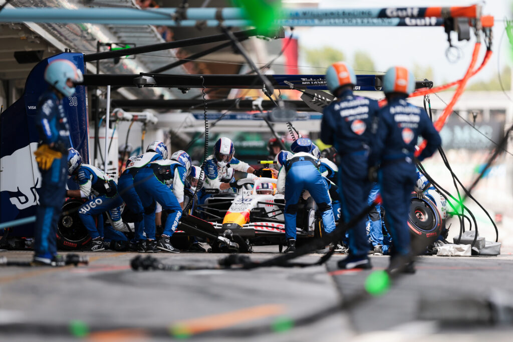 Racing Bulls driver Liam Lawson makes a pit stop during the 2025 F1 Spanish Grand Prix