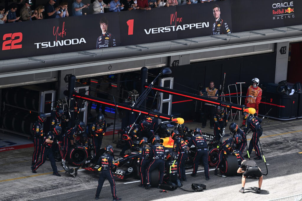 Red Bull driver Max Verstappen makes a pit stop during the 2025 F1 Spanish Grand Prix