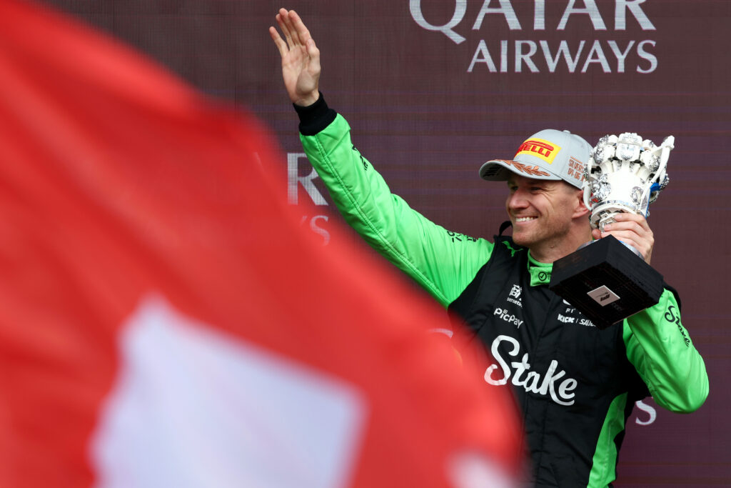 Sauber driver Nico Hulkenberg celebrating on the podium at the 2025 Formula 1 British Grand Prix