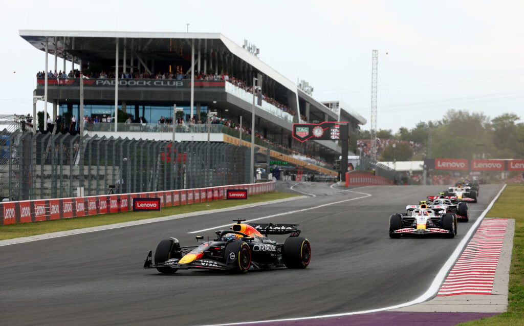 Racing Bulls driver Liam Lawson follows Red Bull's Max Verstappen on track during the 2025 F1 Hungarian Grand Prix