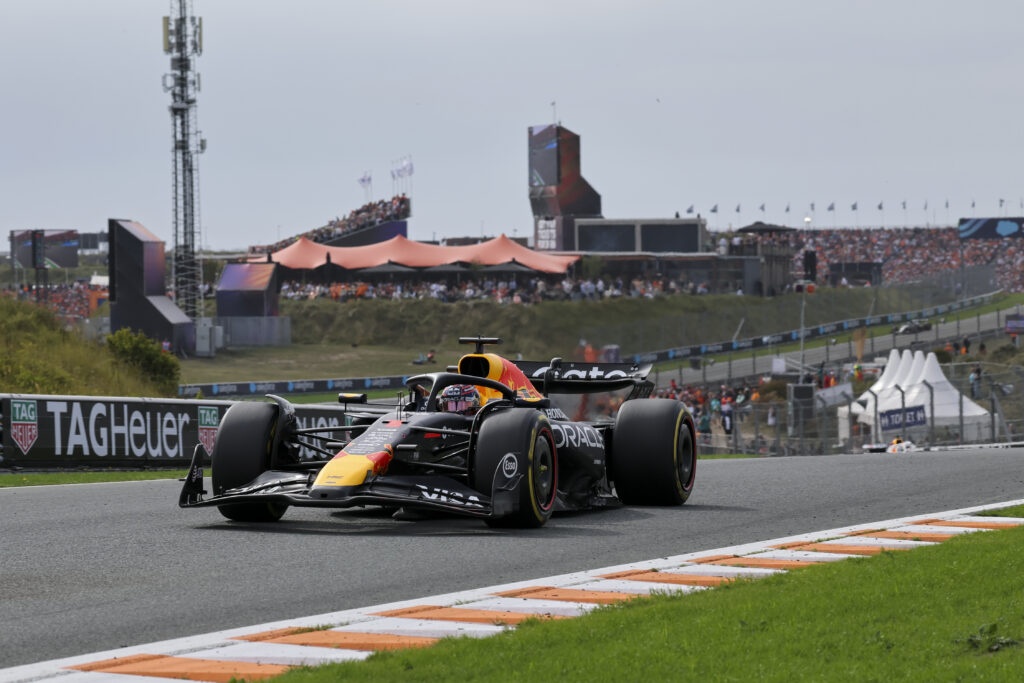 Red Bull driver Max Verstappen racing at the 2025 Formula 1 Dutch Grand Prix