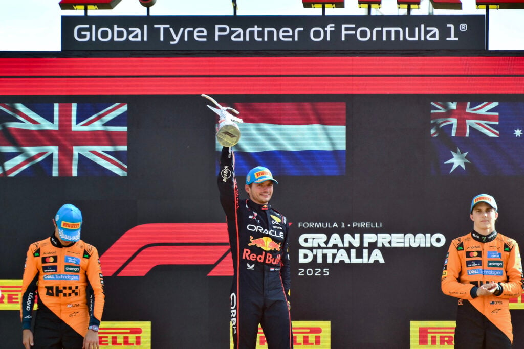 Max Verstappen celebrating winning the 2025 Formula 1 Italian Grand Prix with Lando Norris and Oscar Piastri on the podium