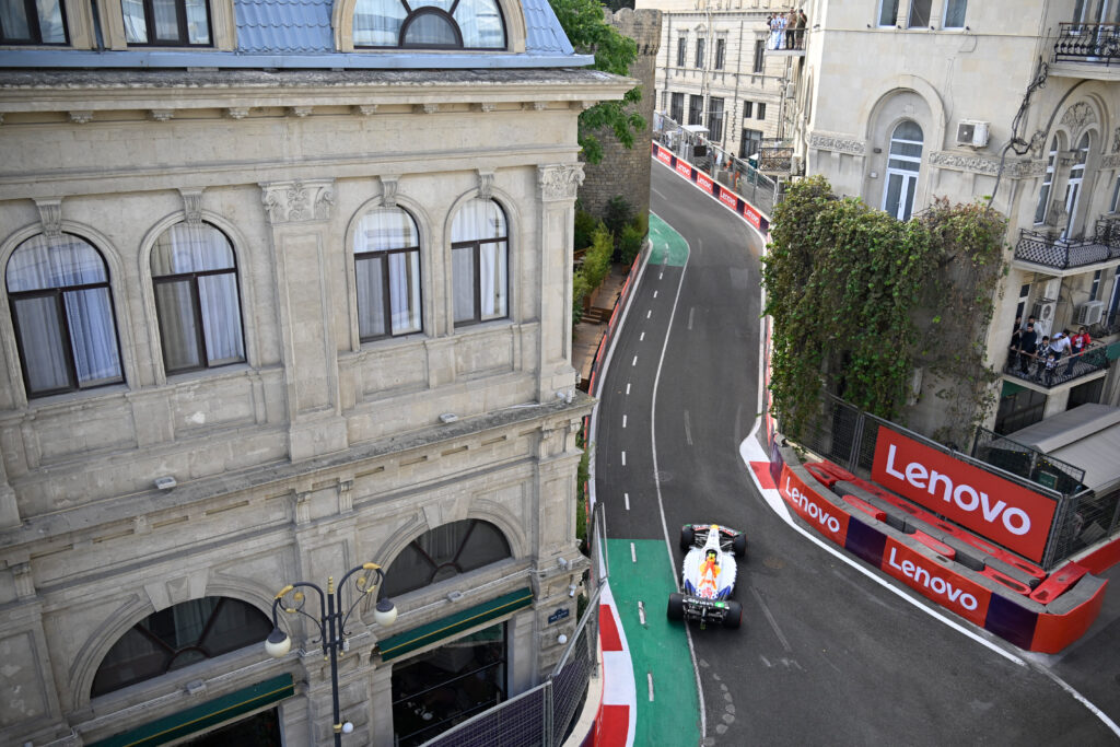 Racing Bulls driver Liam Lawson on track during qualifying for the 2025 F1 Azerbaijan Grand Prix in Baku