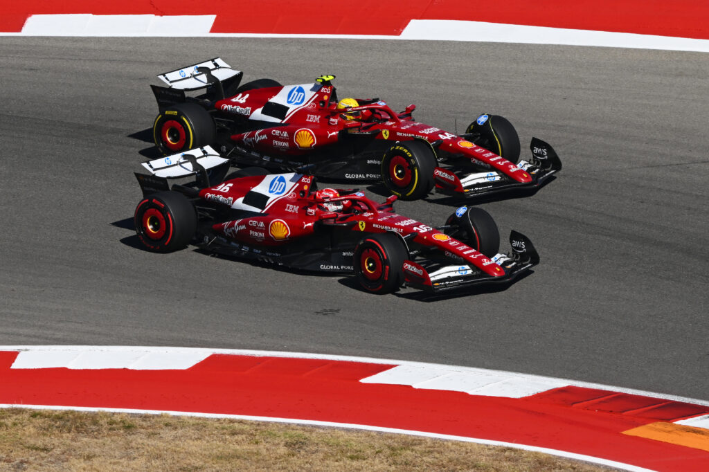 Ferrari driver Charles Leclerc and Lewis Hamilton racing at the 2025 Formula 1 United States Grand Prix
