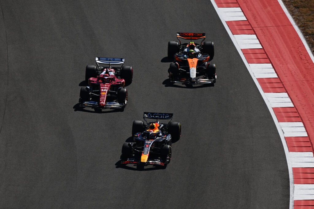 Max Verstappen, Charles Leclerc and Lando Norris racing at the 2025 Formula 1 United States Grand Prix